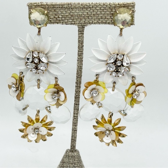 J. Crew White Flower Jeweled Sequin Drop Earrings - Picture 1 of 3